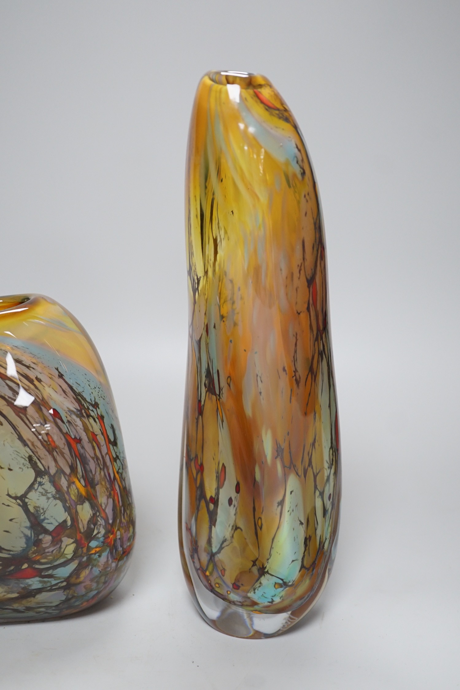 Two contemporary free-form studio glass vases, indistinctly signed, tallest 29cms high